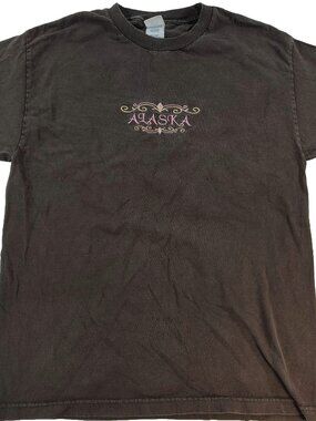 Women's Large Brown & Pink Short Sleeve Embroidered Alaska Themed Logo T-Shirt